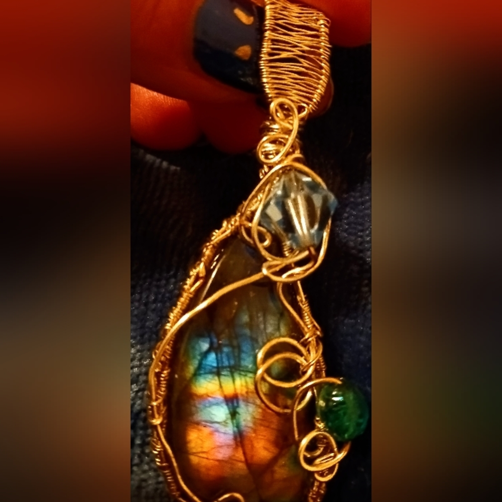 Wire wrapped Labradorite Pendant in Sterling silver plated blue,turq Handmade